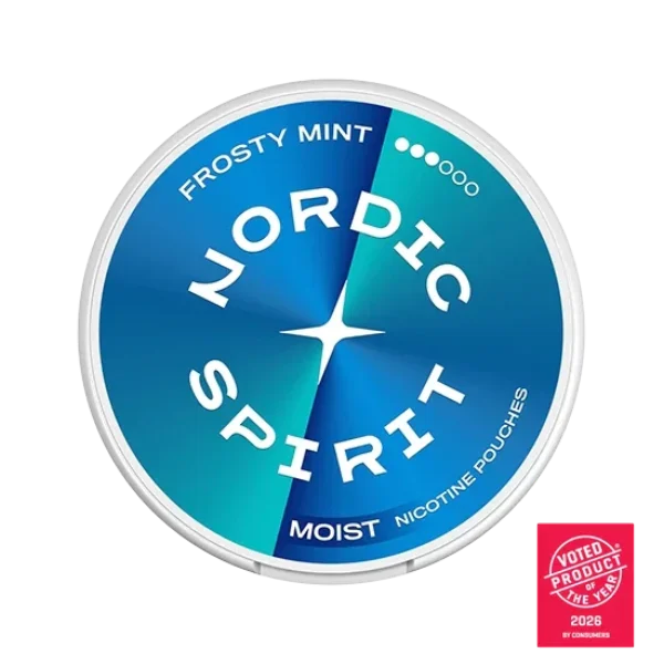 Nordic Spirit Frosty Mint nicotine pouch can, blue and teal gradient slim all-white format