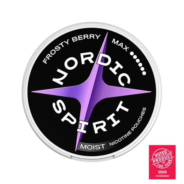 Nordic Spirit Frosty Berry Max nicotine pouch can, black with purple geometric design, 6-dot Experienced 17mg