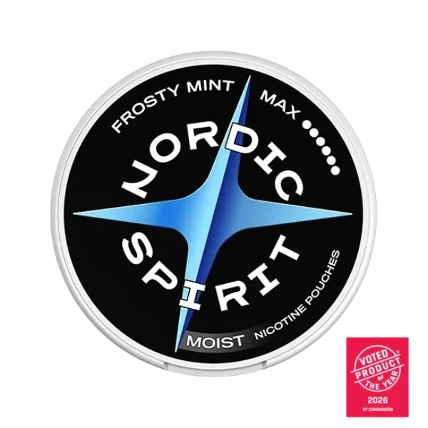 Nordic Spirit Frosty Mint Max nicotine pouch can, black with blue geometric design, 6-dot Experienced 17mg
