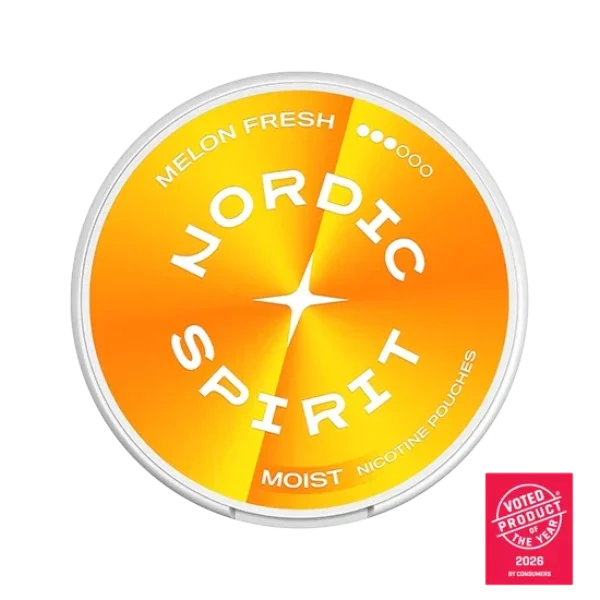 Nordic Spirit Melon Fresh nicotine pouch can, orange and yellow gradient slim all-white format
