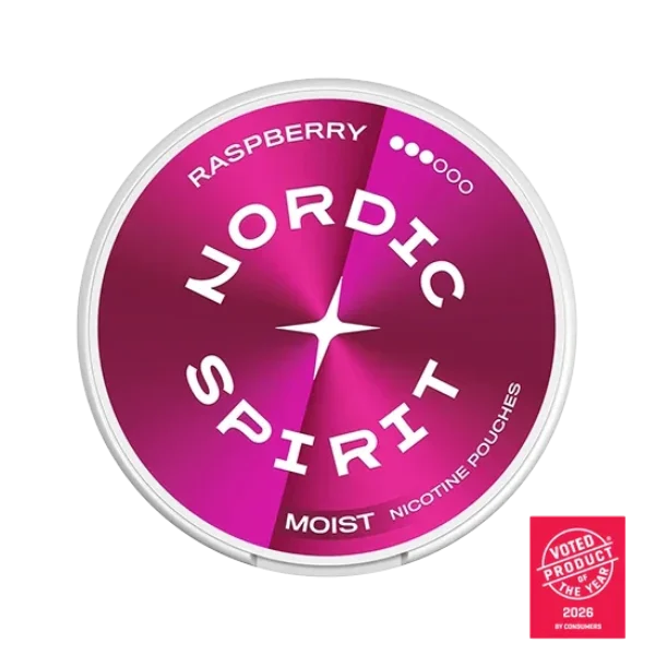 Nordic Spirit Raspberry nicotine pouch can, pink and magenta gradient slim all-white format
