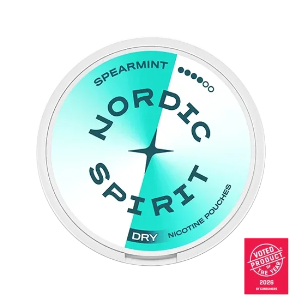 Nordic Spirit Spearmint nicotine pouch can, Extra Strong 11mg slim all-white pouches