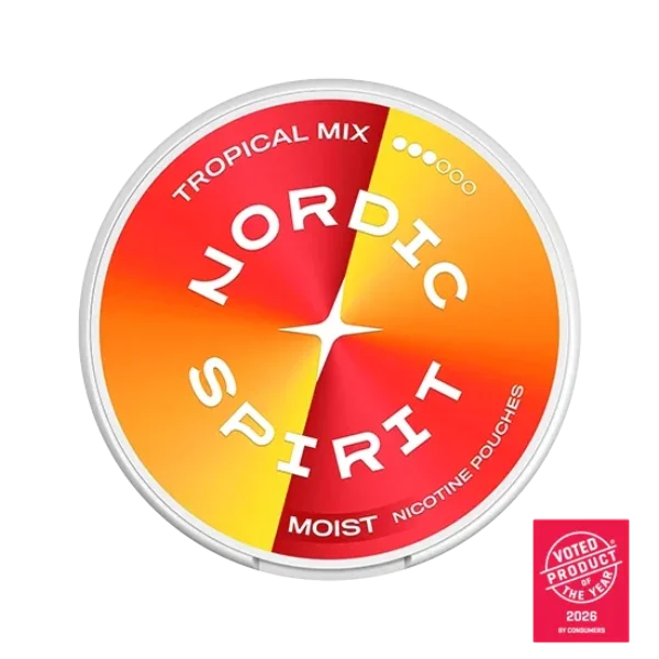 Nordic Spirit Tropical Mix nicotine pouch can, orange yellow red gradient slim all-white format