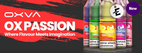 OXVA OX Passion nic salt range, five bottles on a red splash, Where Flavour Meets Imagination