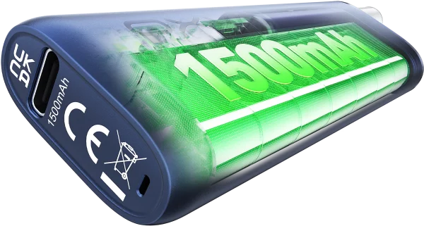 OXVA SlimStick device cross-section showing the 1500mAh battery glowing green inside the all-metal body with USB-C port and CE marking visible