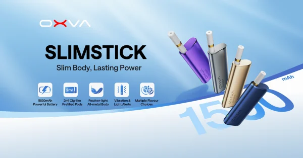 OXVA SlimStick devices in four colourways on a blue gradient background with feature callouts: 1500mAh, 2ml prefilled pods, all-metal body