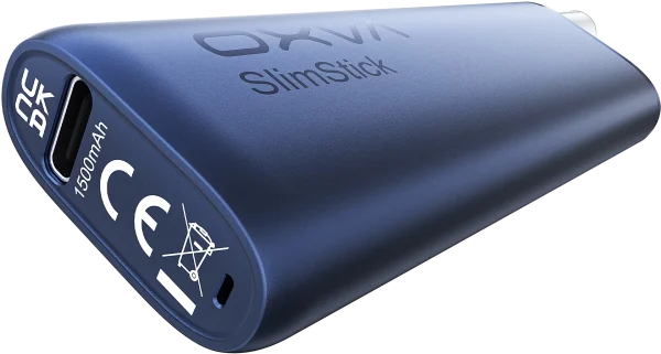 OXVA SlimStick device in navy blue showing the USB-C charging port, CE marking and SlimStick 1500mAh branding