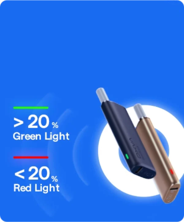 Two OXVA SlimStick devices on a blue background with LED indicator guidance: green light above 20% battery, red light below 20%