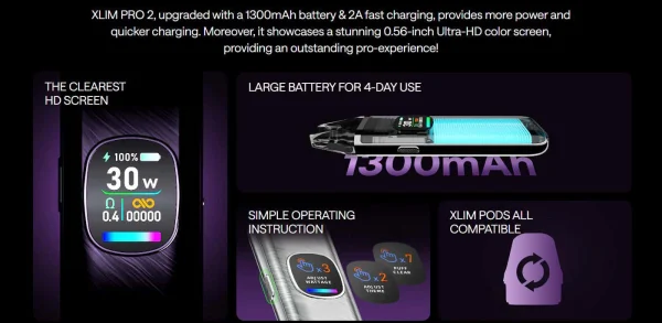 OXVA Xlim Pro 2 features: HD screen, 1300mAh battery, click controls and Xlim pod compatibility