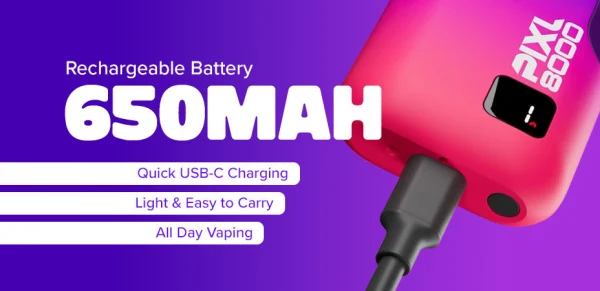 PIXL 8000 Prefilled Pod Kit battery spec banner showing 650mAh rechargeable battery with USB-C cable