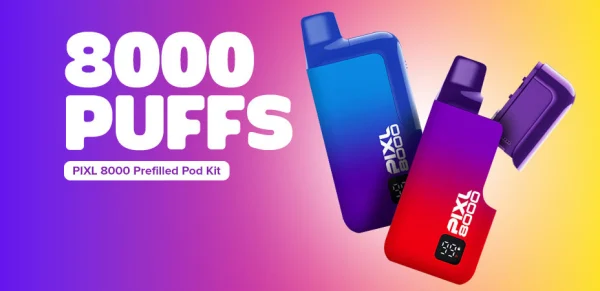 PIXL 8000 Prefilled Pod Kit banner showing device in blue, purple and red colourways against gradient background