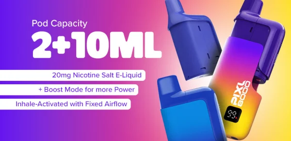 PIXL 8000 pod capacity banner showing 2+10ml dual container design with 20mg nic salt and Boost Mode callouts