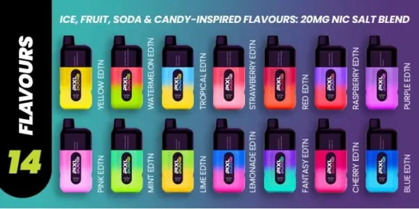 PIXL Duo 12 flavour line-up banner showing all 14 editions side by side against a gradient background