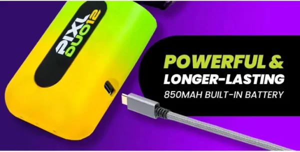 PIXL Duo 12 battery banner showing yellow-green device with 850mAh built-in battery and USB-C cable against purple background