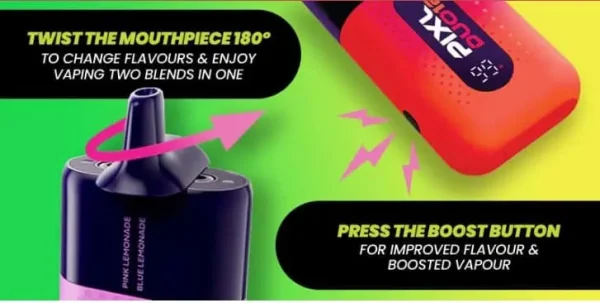 PIXL Duo 12 infographic showing 180-degree mouthpiece twist to switch flavours and Boost Button activation on the device body