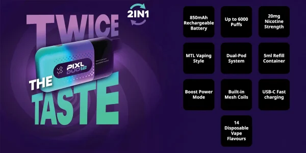 PIXL Duo 12 Big Puff Device banner showing the device against a purple and teal gradient background with 850mAh, 6000 puffs and dual-pod spec callouts