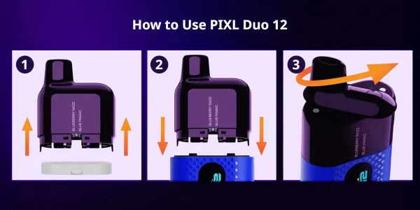 PIXL Duo 12 step-by-step pod installation guide showing three stages: remove old pod, insert new pod into the dual-pod bay, and twist mouthpiece to activate