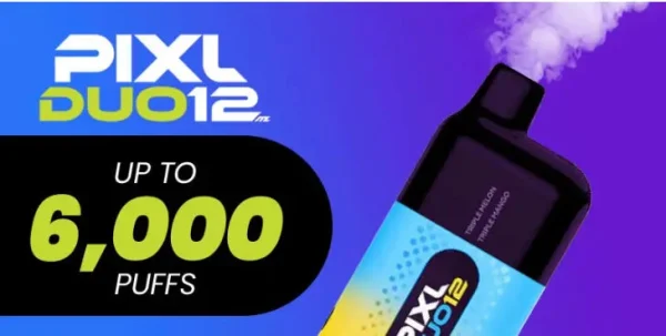 PIXL Duo 12 Prefilled Pods banner showing the device in a purple and blue colourway with 6000 puffs callout
