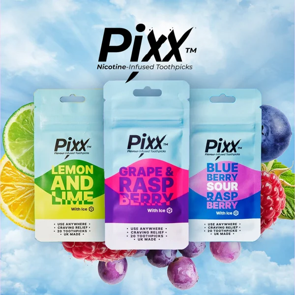 Pixx Flavour-Infused Toothpicks range shown as three colourful packs with fruit against a sky background