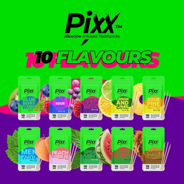 Pixx Nicotine-Infused Toothpicks range showing all ten 10mg flavour packs with fruit on a bright background