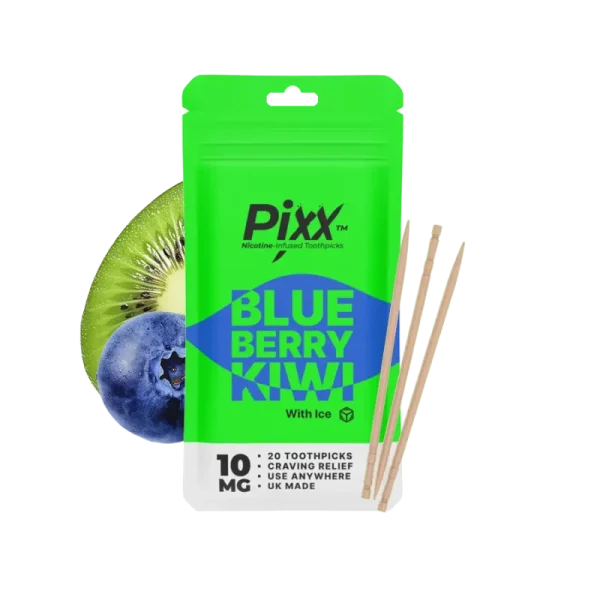 Pixx Nicotine-Infused Toothpicks Blueberry Kiwi 10mg pack shown with birchwood toothpicks and fresh fruit