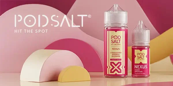 Pod Salt Hit the Spot brand banner with Nexus nic salt bottles on a pink lifestyle background