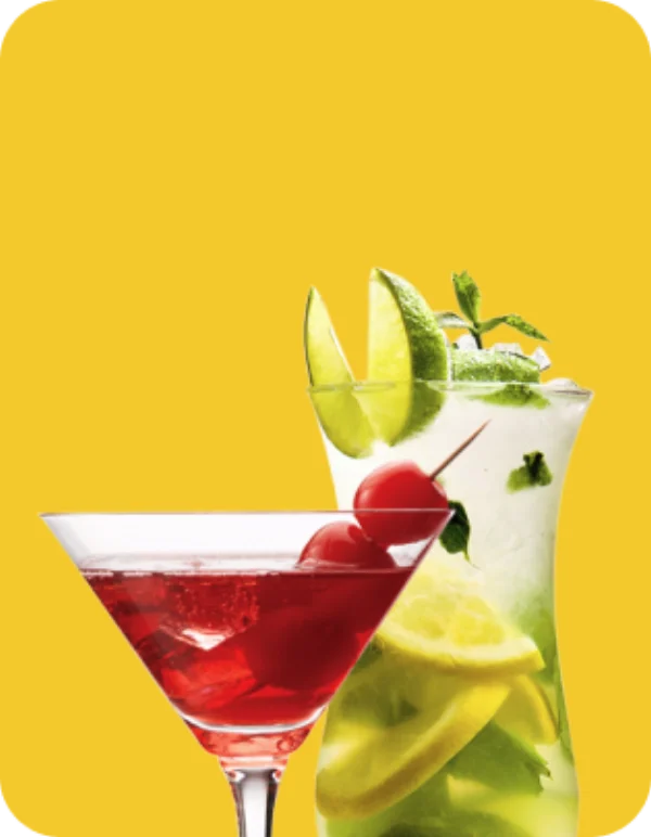 Cocktail-style drinks on a yellow background, representing the soda and drinks flavours in the Pod Salt Fusion nic salt range