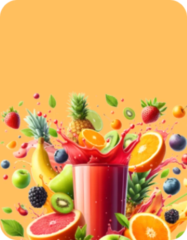 Splash of mixed fruit on an orange background, representing the fruit flavours in the Pod Salt Fusion nic salt range