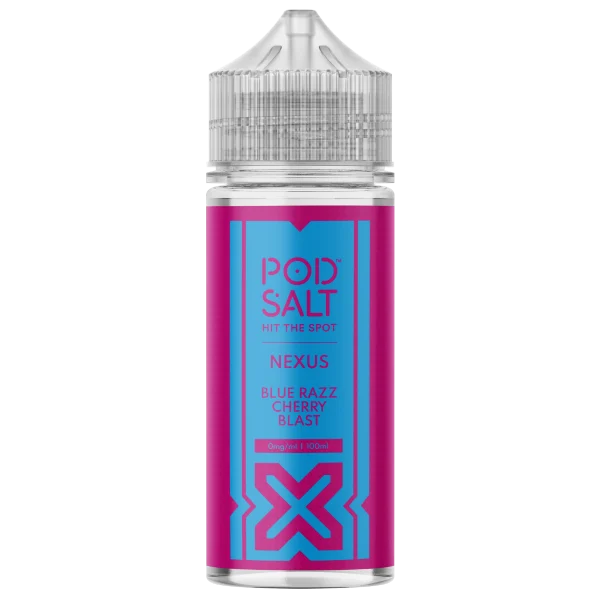 Pod Salt Nexus Blue Razz Cherry Blast 100ml shortfill bottle in pink and blue, a 0mg sub-ohm e-liquid