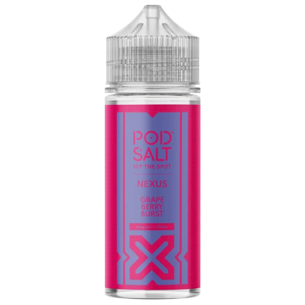 Pod Salt Nexus Grape Berry Burst 100ml shortfill bottle in pink and purple, grape strawberry and ice flavour