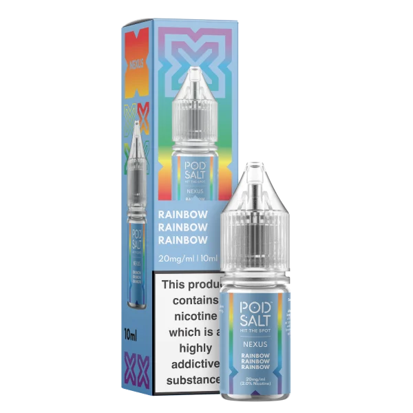 Pod Salt Nexus Rainbow 10ml nic salt bottle and pack on a rainbow-coloured background