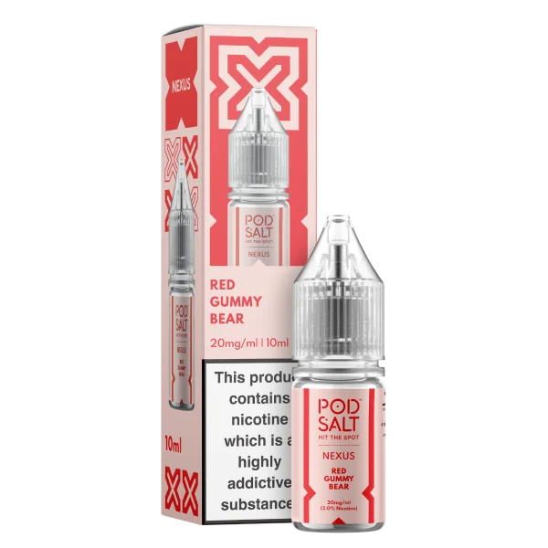 Pod Salt Nexus Red Gummy Bear 10ml nic salt bottle and pack on a red and pink background