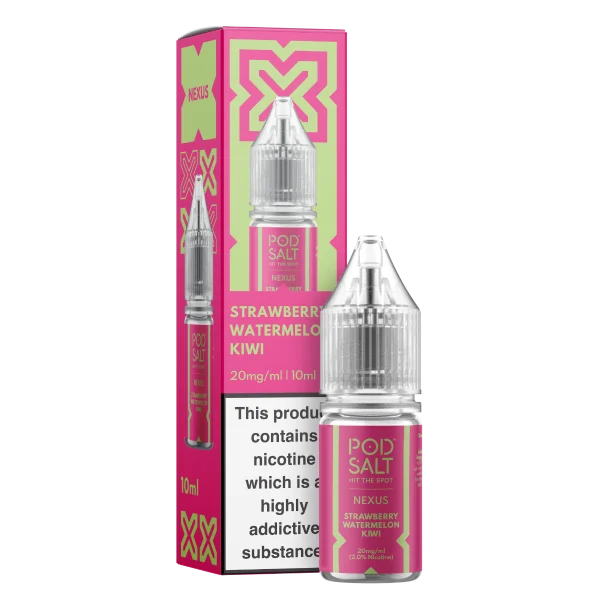 Pod Salt Nexus Strawberry Watermelon Kiwi 10ml nic salt bottle and pack on a pink and green background