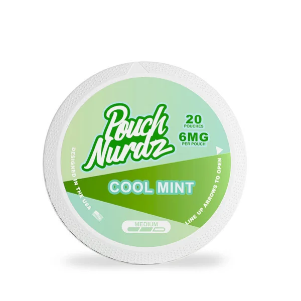 Pouch Nurdz Cool Mint nicotine pouch can, green design, 20 pouches, 6mg per pouch, medium strength, tobacco free, designed in the USA