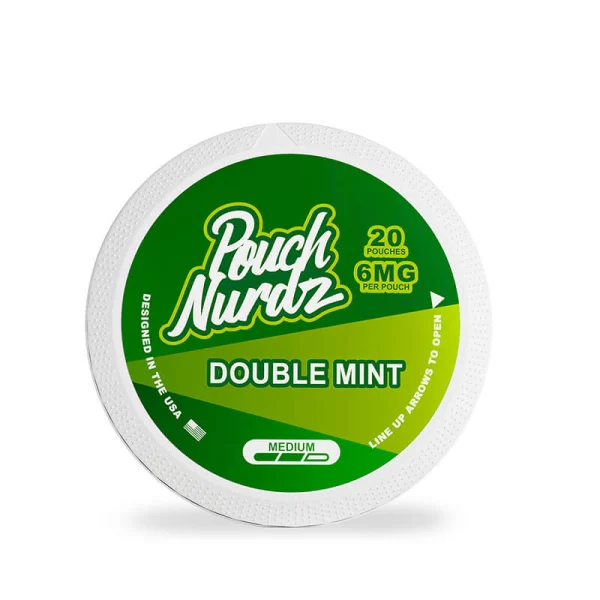 Pouch Nurdz Double Mint nicotine pouch can, green design, 20 pouches, 6mg per pouch, medium strength, tobacco free, designed in the USA