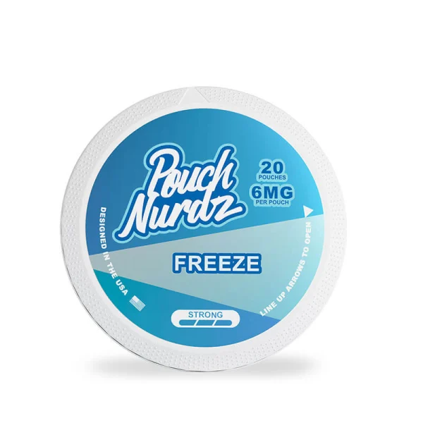 Pouch Nurdz Freeze nicotine pouch can, icy blue design, 20 pouches, 6mg per pouch, strong cooling, tobacco free, designed in the USA
