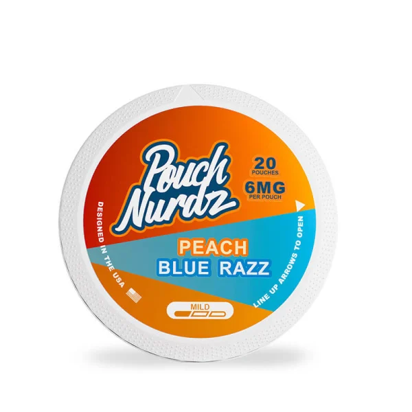 Pouch Nurdz Peach Blue Razz nicotine pouch can, orange and blue design, 20 pouches, 6mg per pouch, mild, tobacco free, designed in the USA