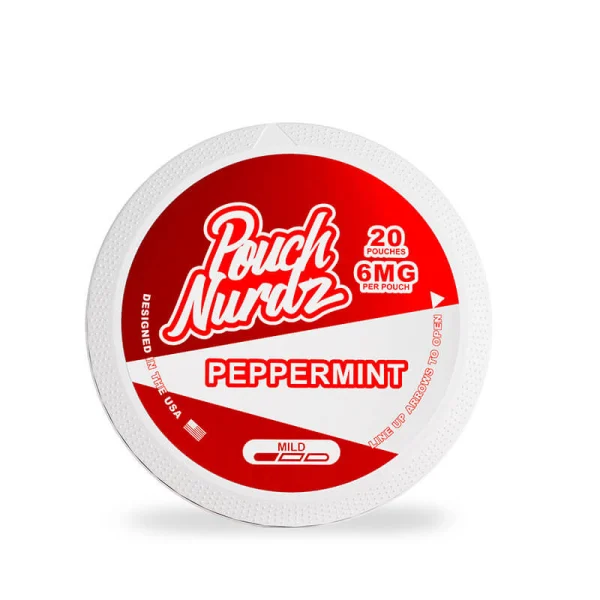 Pouch Nurdz Peppermint nicotine pouch can, red and white design, 20 pouches, 6mg per pouch, mild, tobacco free, designed in the USA