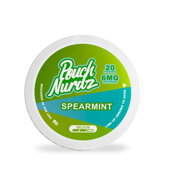 Pouch Nurdz Spearmint nicotine pouch can, green and teal design, 20 pouches, 6mg per pouch, medium strength, tobacco free, designed in the USA