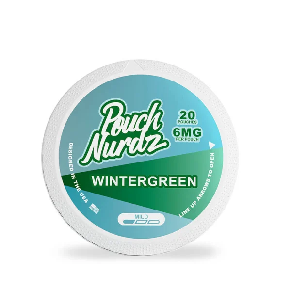 Pouch Nurdz Wintergreen nicotine pouch can, teal and green design, 20 pouches, 6mg per pouch, mild, tobacco free, designed in the USA