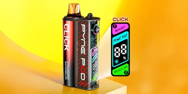 Pyne Pod Click 50K prefilled pod kit in strawberry watermelon with OLED display showing Boost and Regular modes