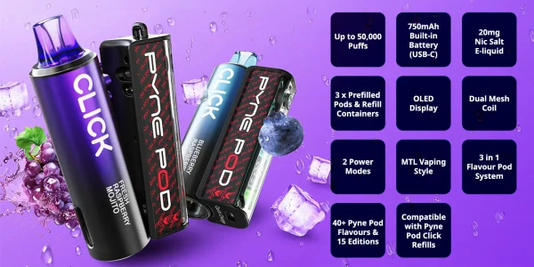 Pyne Pod Click 50K specifications: 50,000 puffs, 750mAh battery, three-in-one pod system, OLED display, dual mesh coil