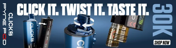 Pyne Pod Click S 30K in blue showing the twist mouthpiece and dual pod chamber, reading Click It Twist It Taste It 30K