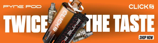 Pyne Pod Click S 30K dual-flavour pod kit in orange with prefilled pods, reading Twice the Taste