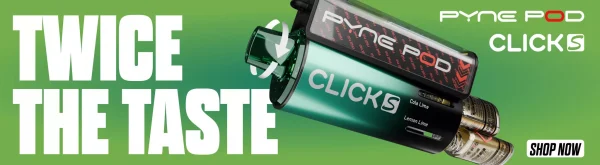 Pyne Pod Click S 30K dual-flavour pod kit in green with two prefilled flavour pods, reading Twice the Taste