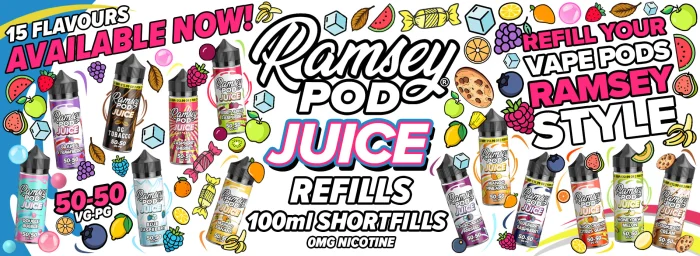 Ramsey Pod Juice 100ml shortfill range banner, 50/50 pod refills with bottles and fruit