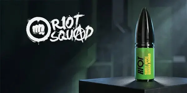 Riot Squad brand banner in dark green with the Riot Squad logo and a Riot nic salt bottle