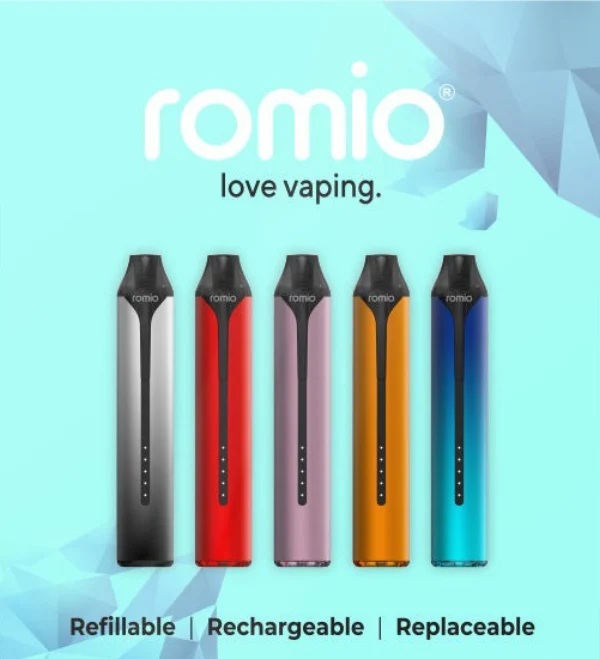 Romio Aster R pod kit in all five colours: Black, Red, Pink, Orange and Blue