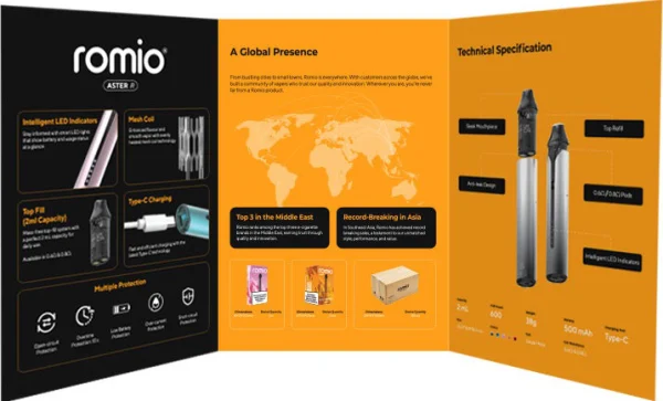 Romio Aster R product leaflet showing LED indicators, mesh coil, top-fill pod, 500mAh battery and Type-C charging specifications