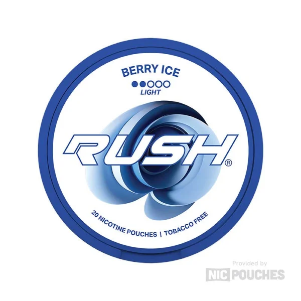 Rush Berry Ice Light nicotine pouch can, blue circular design, 1-dot Light tier, 20 pouches tobacco free